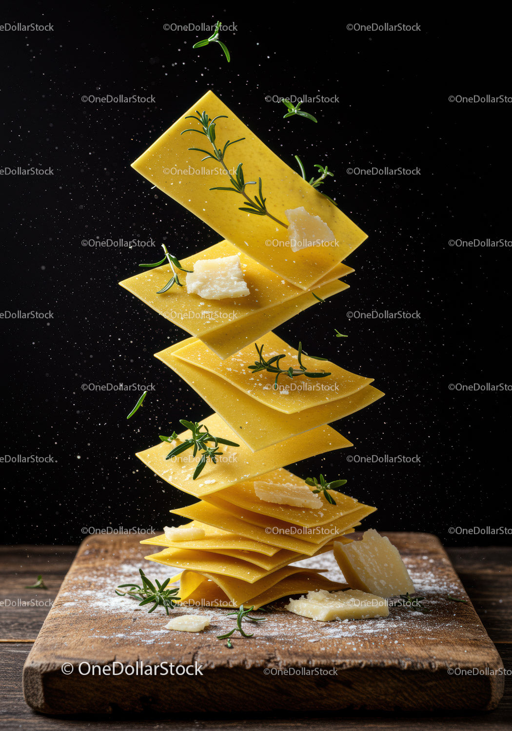 Floating lasagna sheets with cheese and fresh herbs