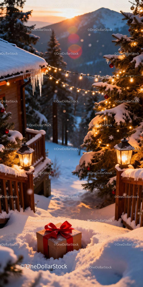 Winter gift on snowy steps with warm festive lights