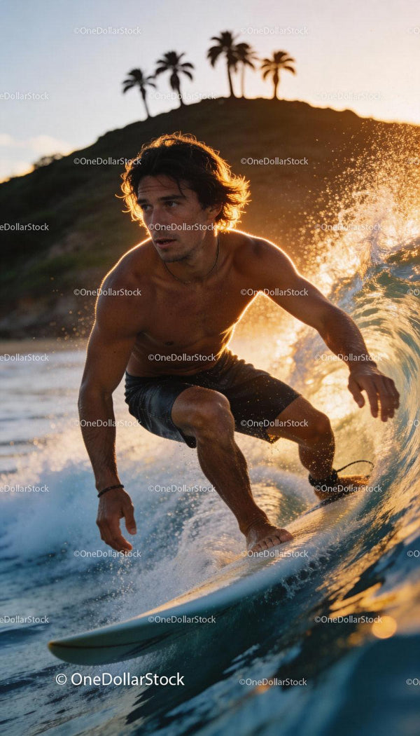 Focused young man surfing golden sunset waves