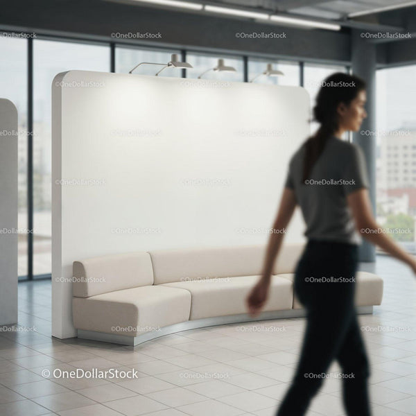 Modern curved beige sofa in bright office lobby JPG Mockup Image