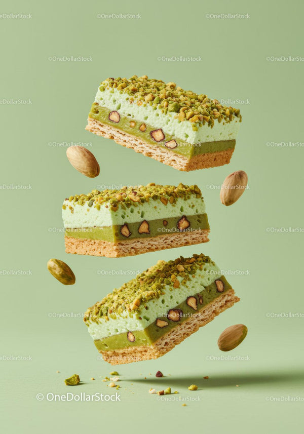 Three Pistachio Dessert Bars Floating on Green Background