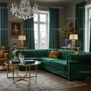 Elegant living room with green velvet sectional sofa