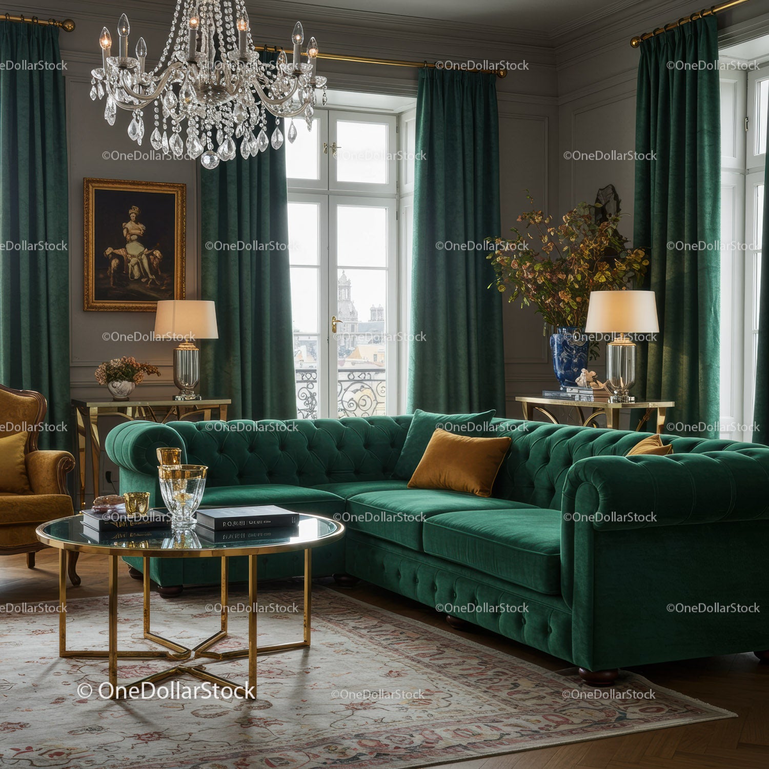 Elegancki salon z zieloną aksamitną sofą modułową