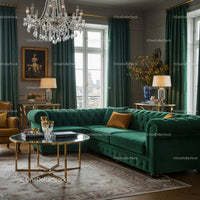 Elegant living room with green velvet sectional sofa