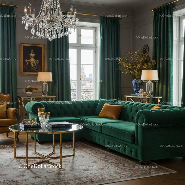 Elegant living room with green velvet sectional sofa