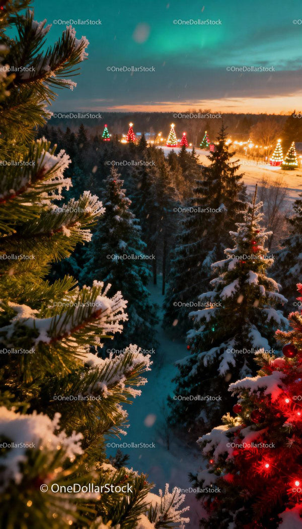 Snowy Forest Pathway with Festive Christmas Lights