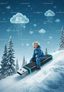 Child sledding on giant USB drive in snowy winter forest