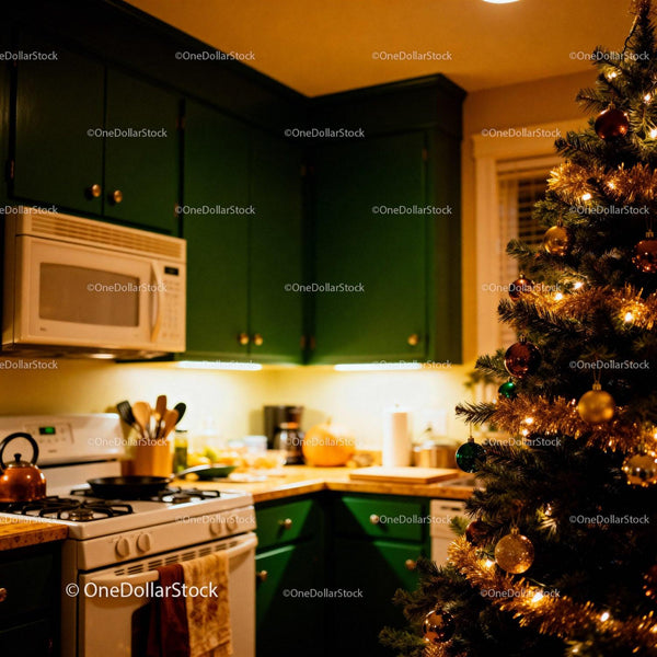 Cozy kitchen corner with Christmas tree decorations