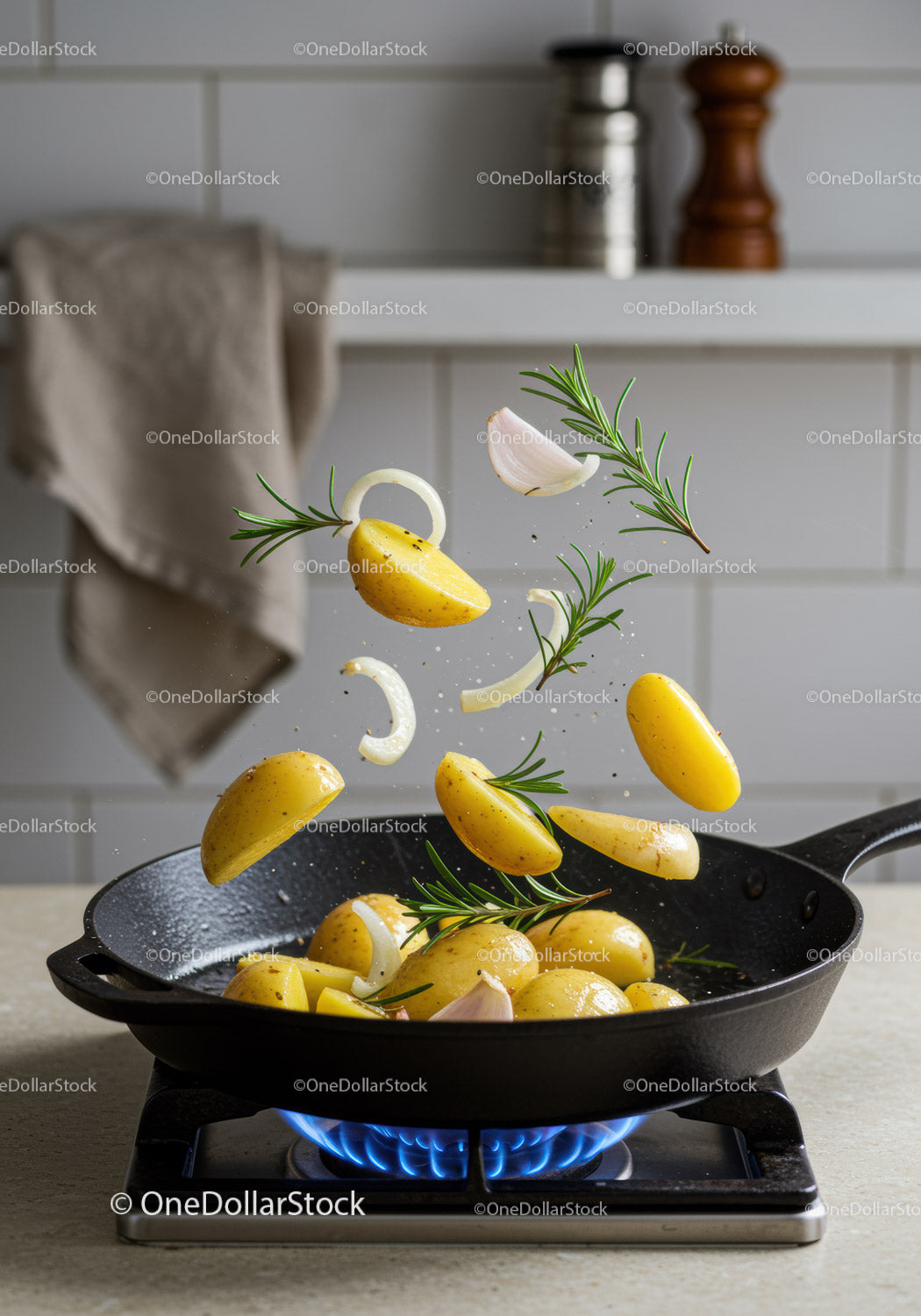 Sautéing Potatoes with Rosemary and Garlic on Stove