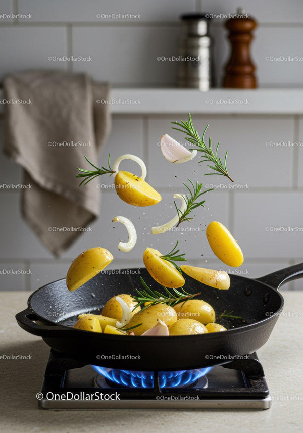 Sautéing Potatoes with Rosemary and Garlic on Stove
