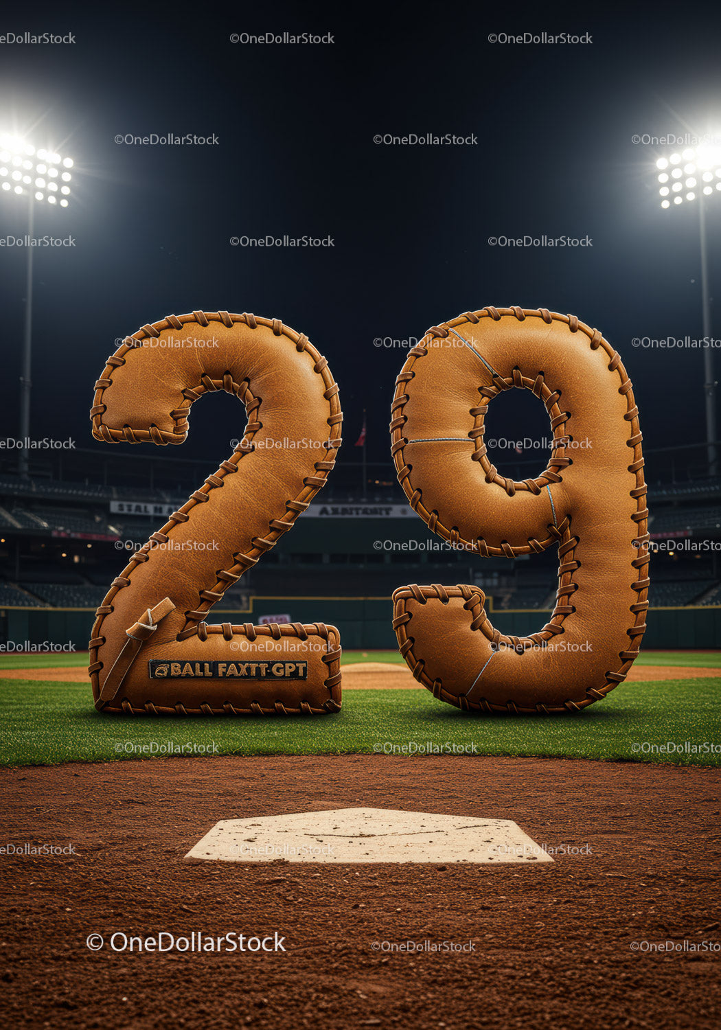 Baseball glove numbers 29 on professional field at night