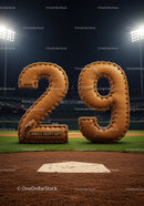 Baseball glove numbers 29 on professional field at night