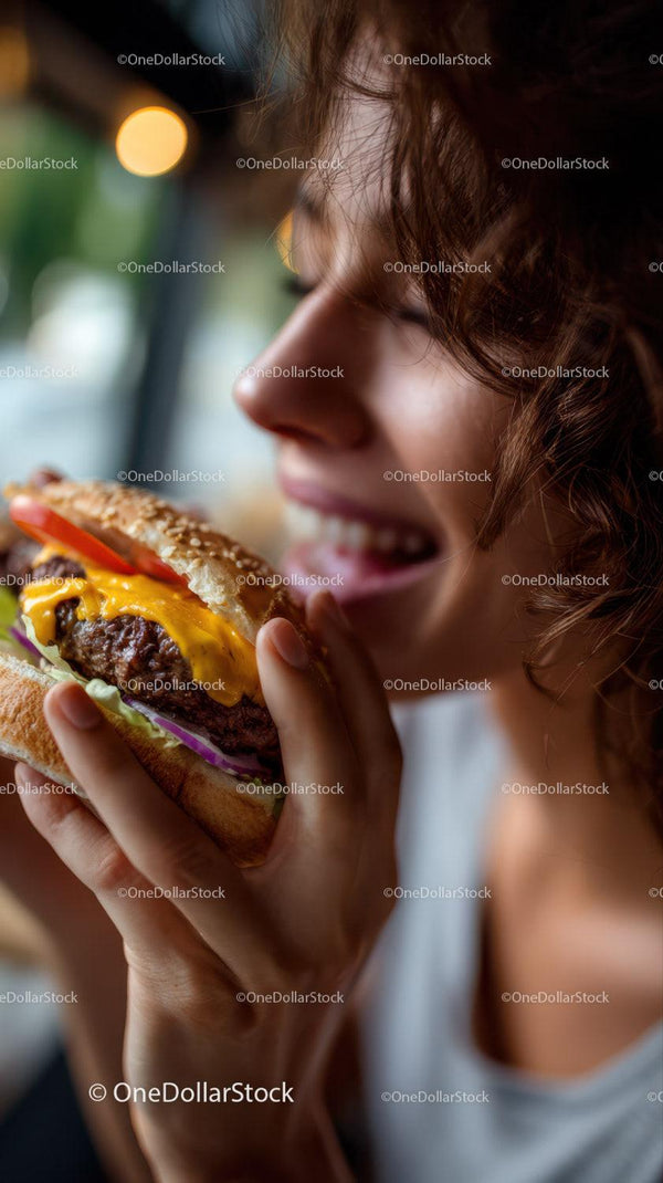 Close-up of Woman Enjoying Juicy Cheeseburger in Casual Dining