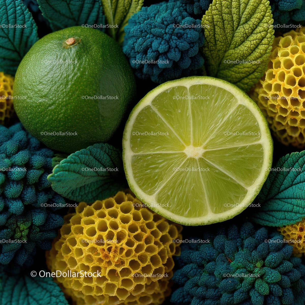 Fresh Green Limes and Colorful Tropical Leaves Arrangement