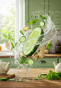 Refreshing splash of cucumber and ginger in kitchen