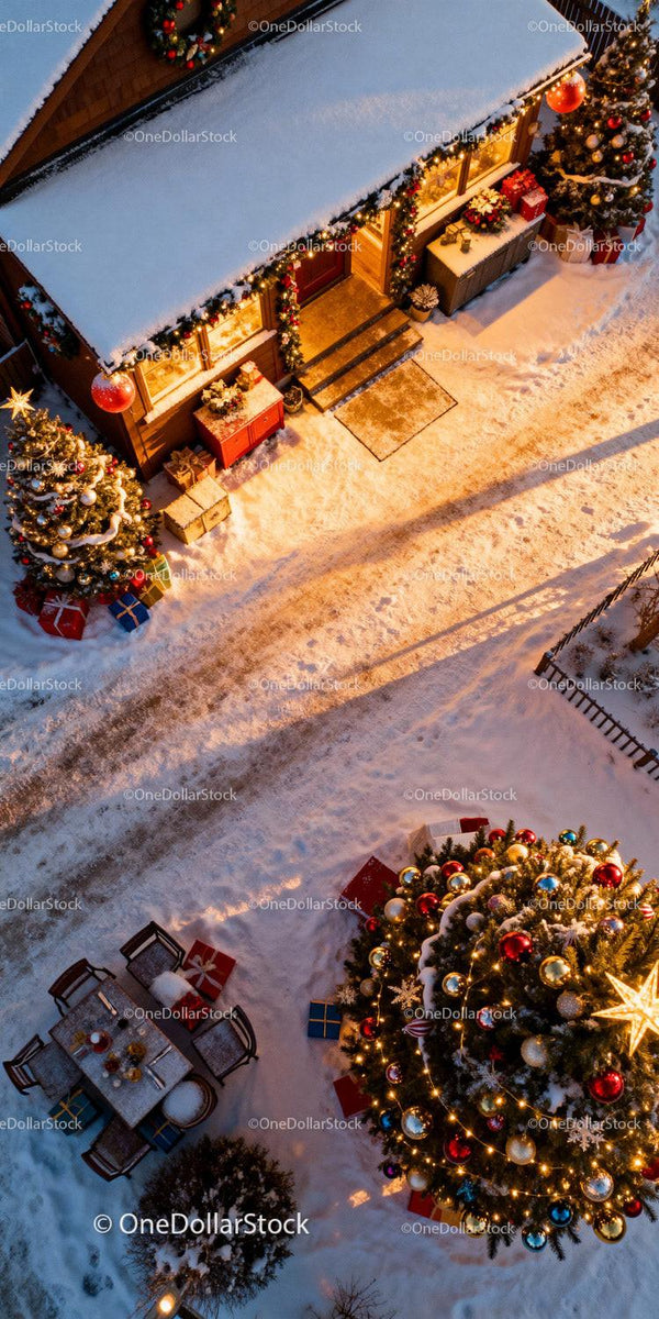 Cozy winter cabin decorated with festive Christmas lights