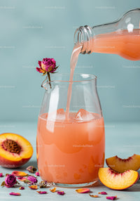 Pouring Peach Juice into Glass with Floral Decoration