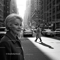 Black and White City Street Scene with Pedestrians and Skyscrapers