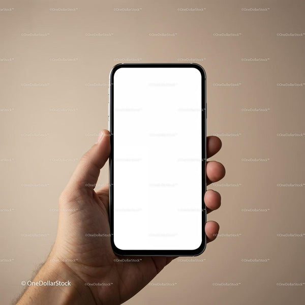 Man holding smartphone with blank white screen JPG Mockup Image