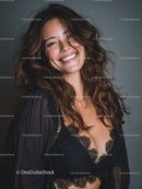 Portrait of Smiling Brunette Woman in Black Lace Lingerie