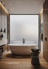 Modern Bathroom with Freestanding Tub and Frosted Glass Window