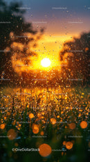 Sunset with Raindrops on Dewy Grass and Golden Sky