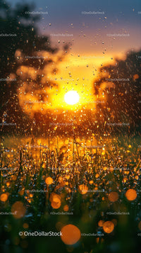 Sunset with Raindrops on Dewy Grass and Golden Sky