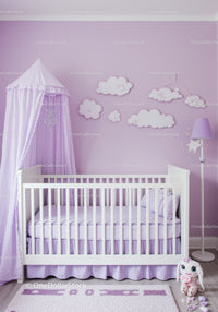Cute Baby Nursery with White Crib and Purple Cloud Wall Decor