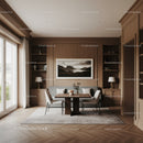 Warm Scandinavian Living Room with Wooden Walls and Cozy Furniture