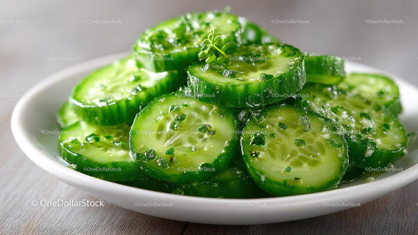 Fresh Sliced Cucumbers in White Bowl on Wooden Surface