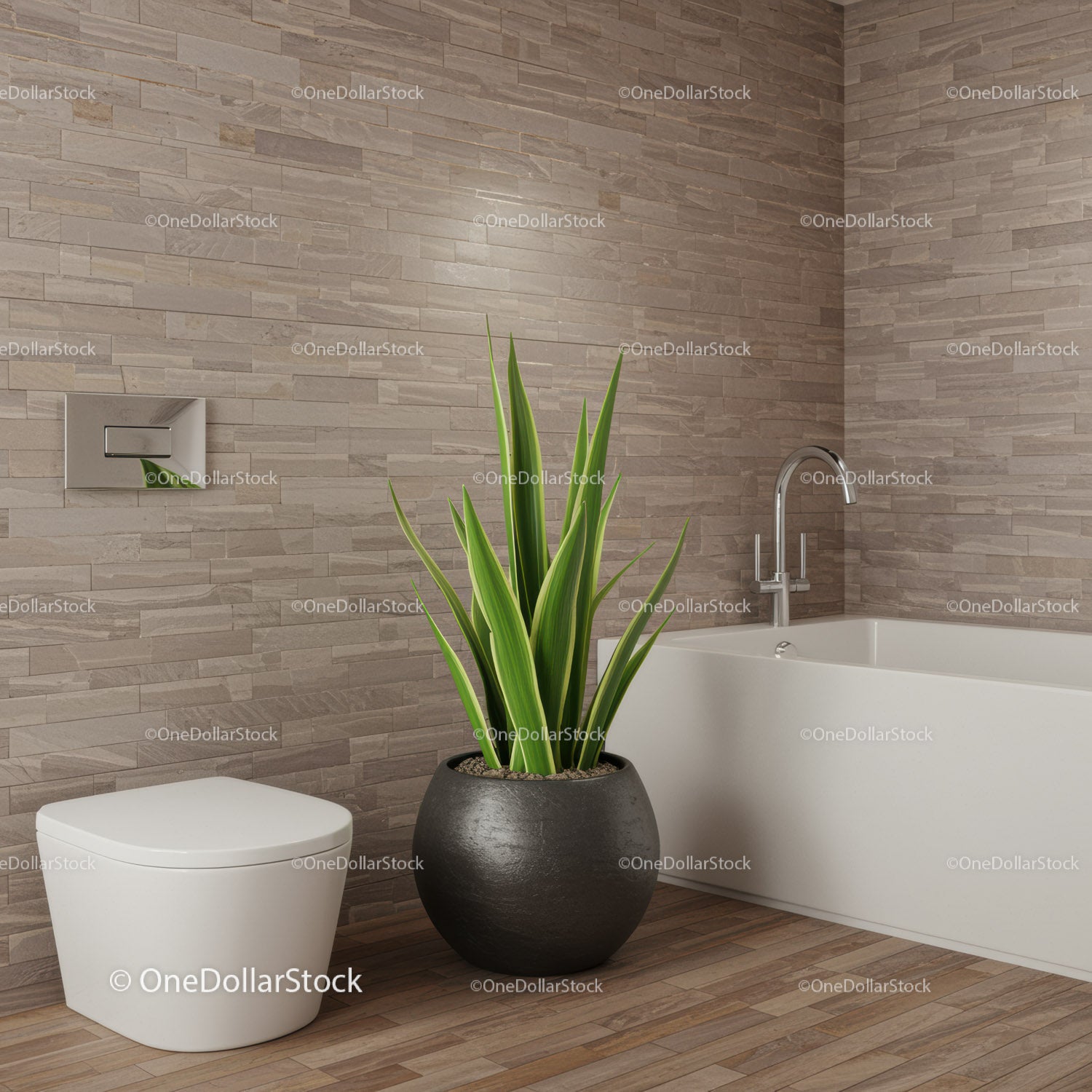 Modern bathroom with white toilet bathtub and lush green plant for relaxation