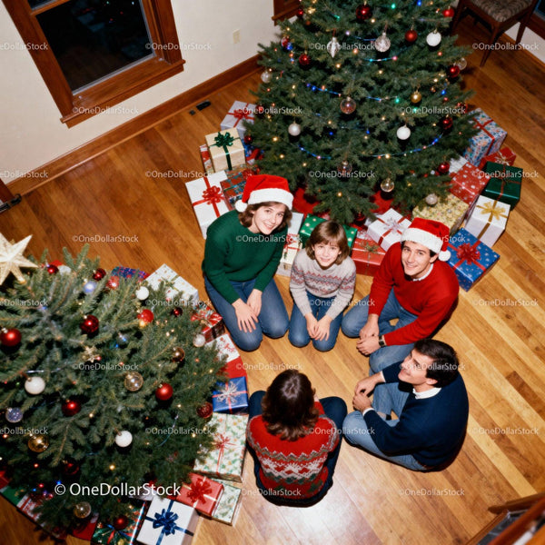 Family enjoying festive moment around Christmas trees