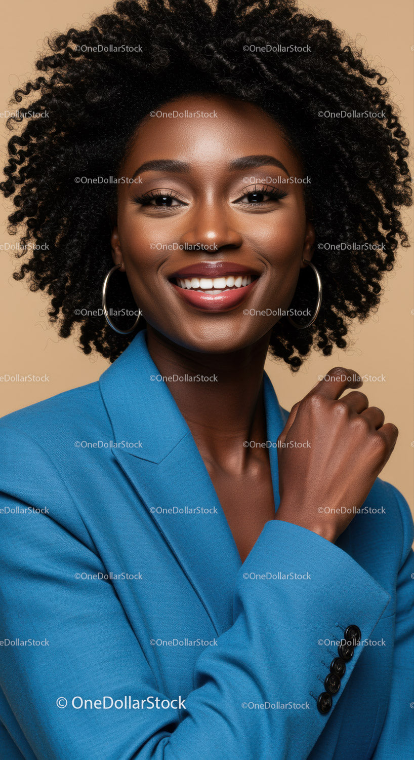 Pewna siebie Afroamerykanka w niebieskiej marynarce, uśmiechnięta, portret