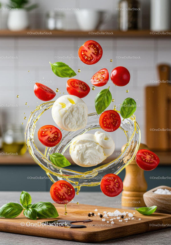 Fresh mozzarella with cherry tomatoes basil and oil splash