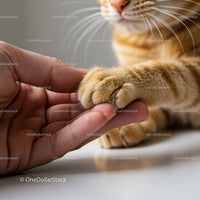 Human hand gently holding a ginger cat paw