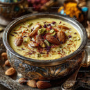 Rich Saffron Flavored Milkwith Pistachios and Almonds in Silver Bowl