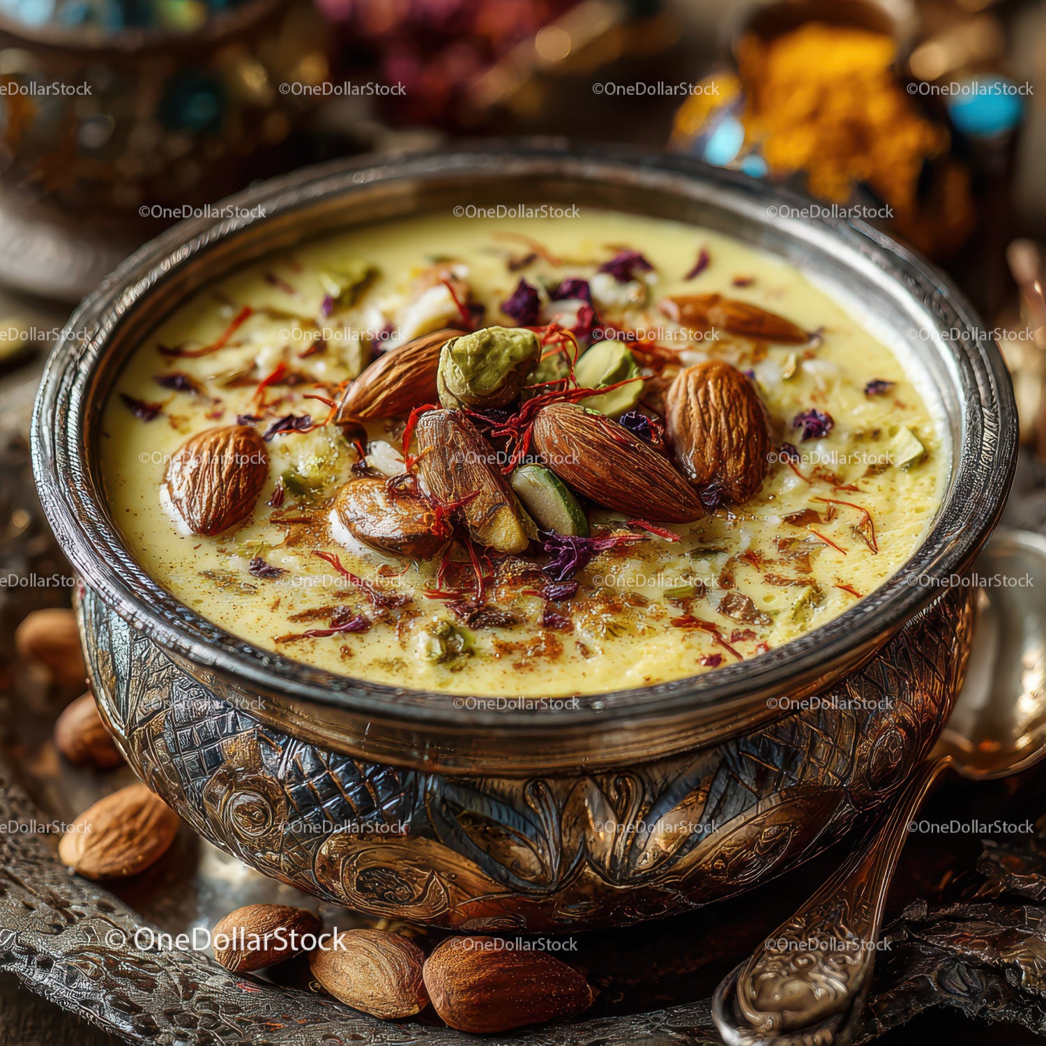 Rich Saffron Flavored Milkwith Pistachios and Almonds in Silver Bowl