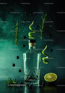 Fresh herbs and lime zest surrounding clear bottle