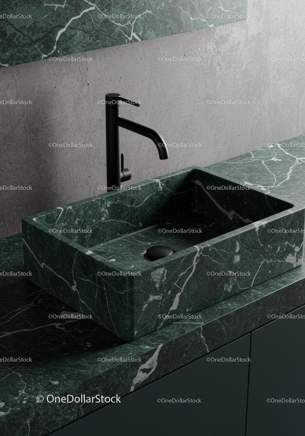 Elegant Green Marble Bathroom Sink with Black Faucet for Modern Interiors