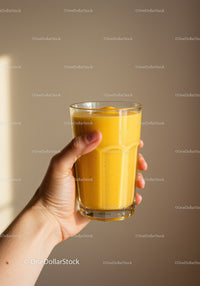 Hand Holding Glass of Fresh Yellow Smoothie