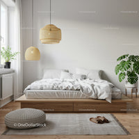 Minimalist bedroom with natural light and greenery