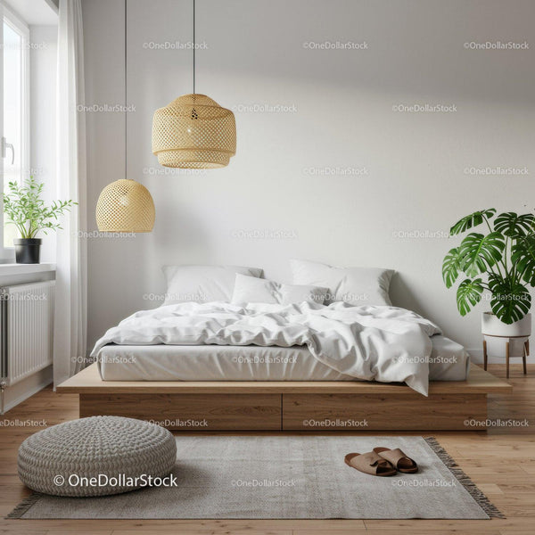 Minimalist bedroom with natural light and greenery