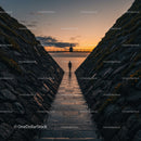Silhouetted Person Walking Along Rock Wall Path During Sunset