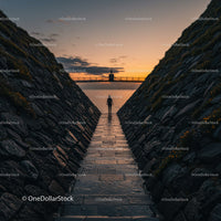 Silhouetted Person Walking Along Rock Wall Path During Sunset