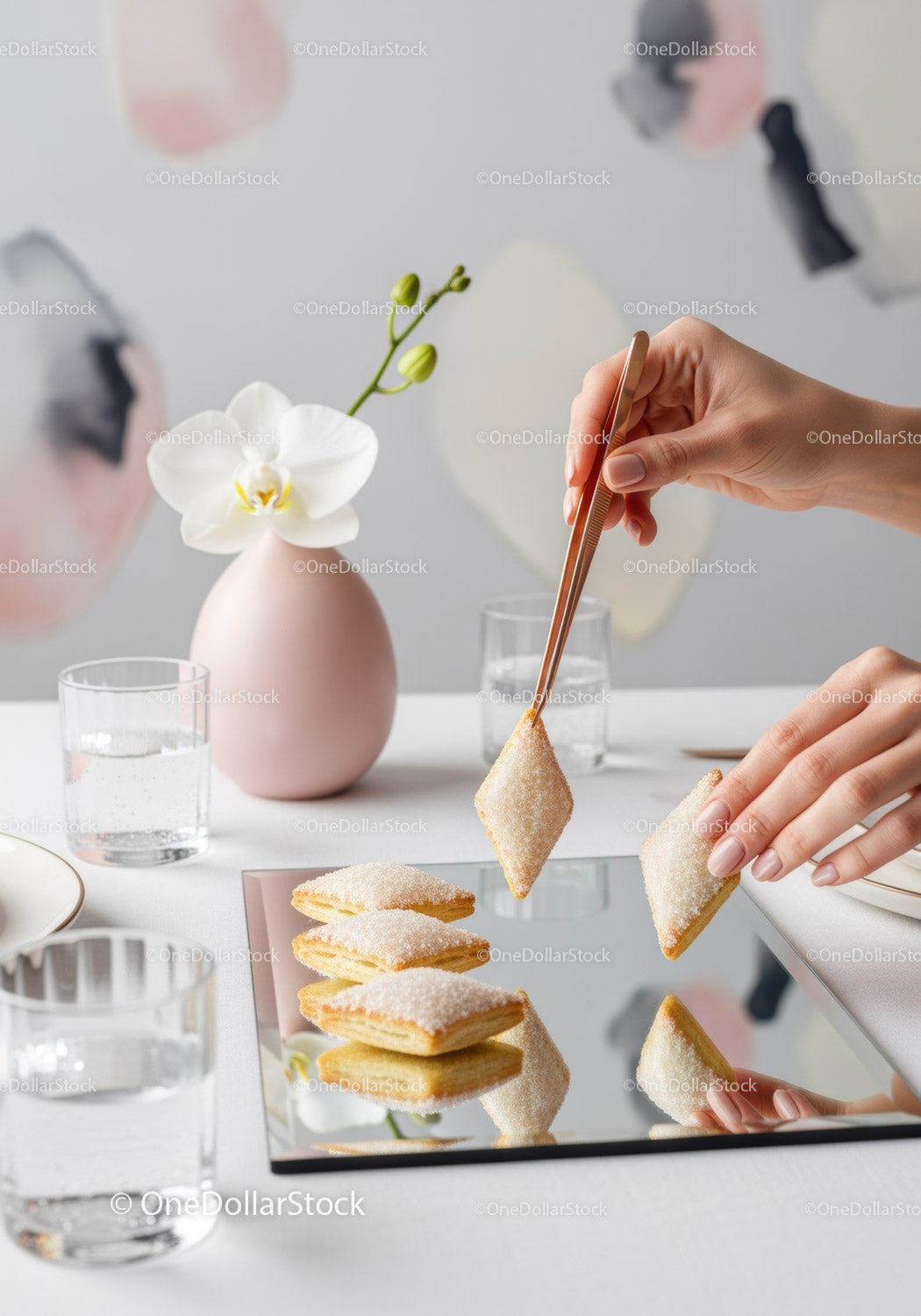 Elegant Sugar Cookies and White Orchid on Mirror Tray in Stylish Interior