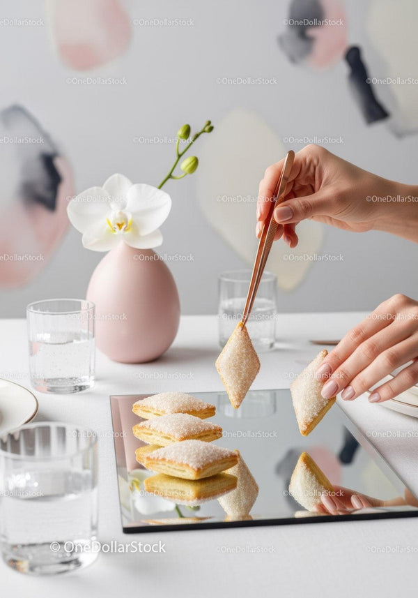 Elegant Sugar Cookies and White Orchid on Mirror Tray in Stylish Interior