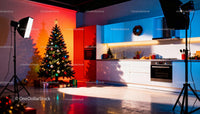 Modern kitchen decorated with Christmas tree and lights