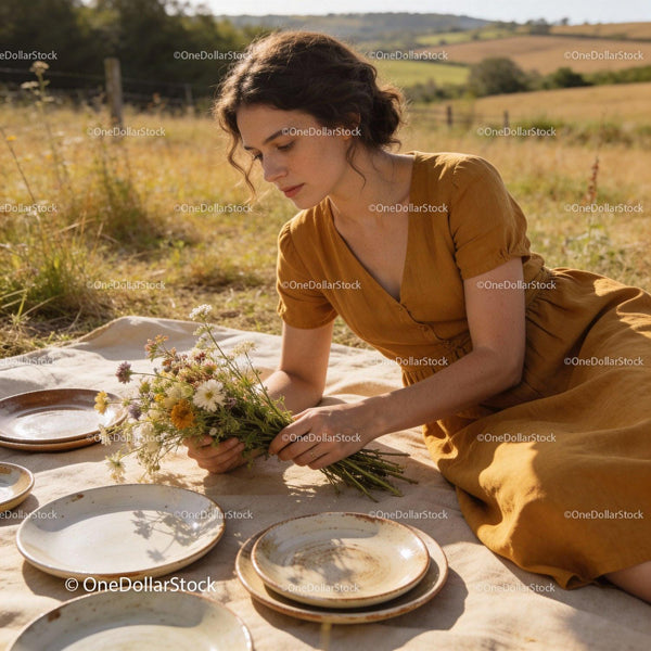 Young woman arranging flowers during outdoor picnic