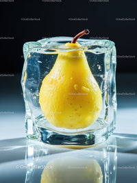 Fresh yellow pear submerged in clear glass water cube