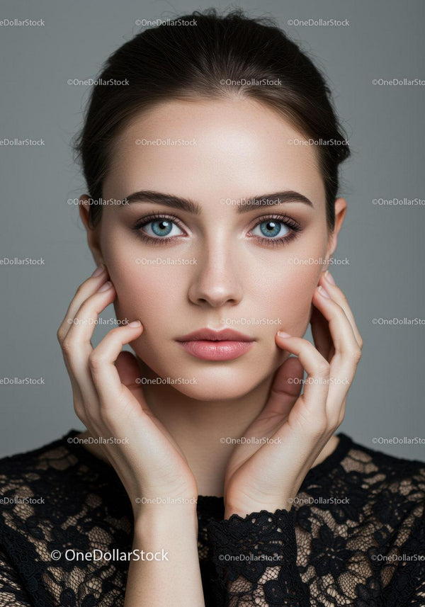 Young Woman with Blue Eyes and Flawless Skin in Studio Portrait